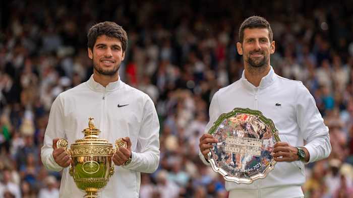 Carlos Alcaraz and Novak Djokovic at Wimbledon in 2023